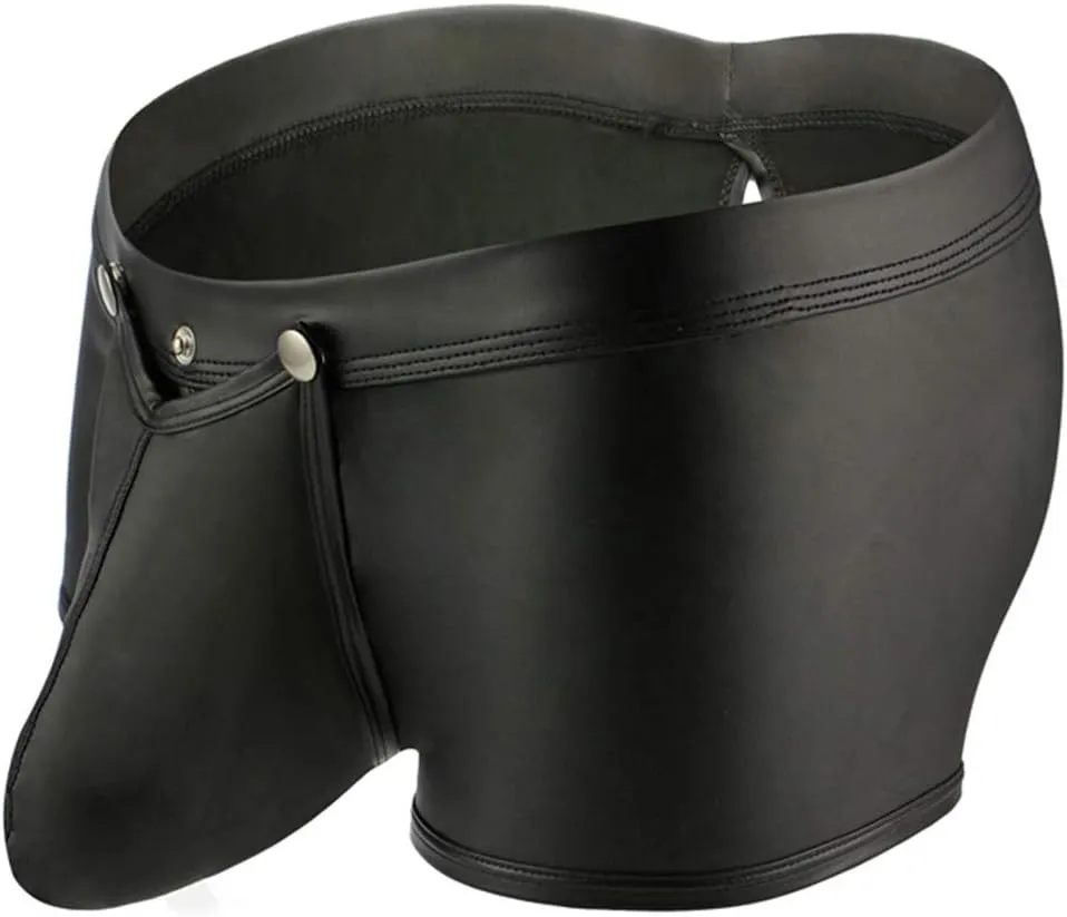 Mens Underwear Boxer Briefs Men's Imitation Leather Underwear Open Front Low Rise Back Slit Black Boxer Underpants