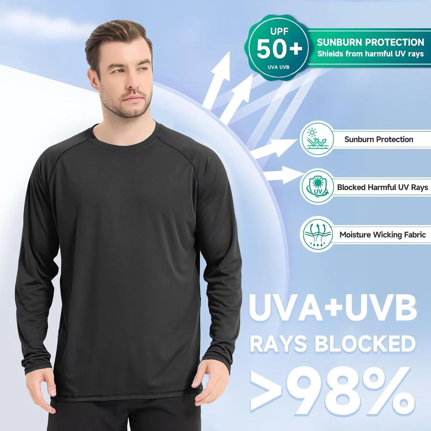 Mens UV Sun Protection Shirts UPF 50 Long Sleeve Rash Guard SPF Outdoor Hiking Running Fishing Shirt Lightweight