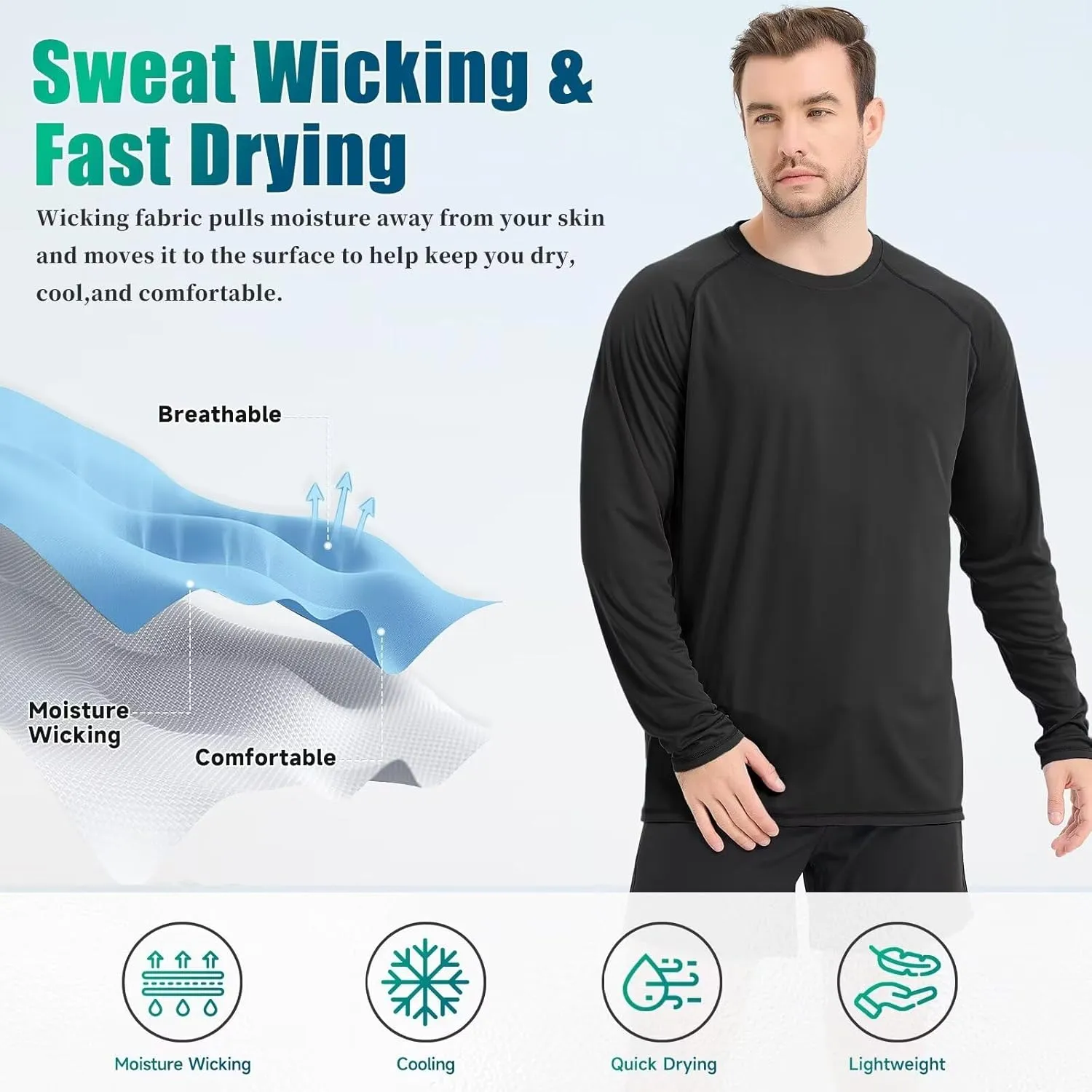 Mens UV Sun Protection Shirts UPF 50 Long Sleeve Rash Guard SPF Outdoor Hiking Running Fishing Shirt Lightweight