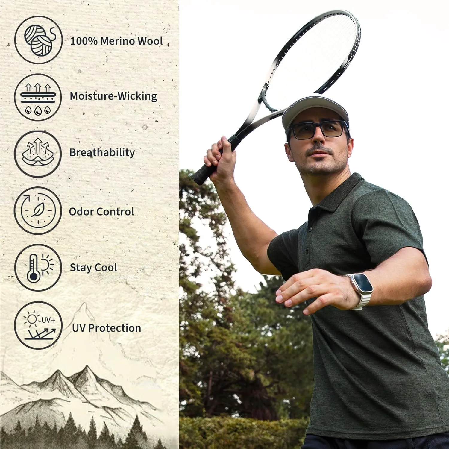 Merino Protect 100% Merino Wool Polo Shirts Mens Anti-Odor Short Sleeve Moisture Wicking Base Layer for Travel