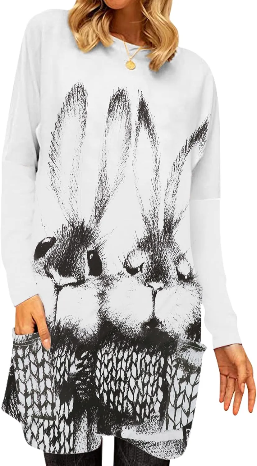 MOUSYA Easter Tunic Tops Women Funny Bunny Print Long Sleeve T-Shirt Dress Plus Size Color Block Sweatshirt with Pockets