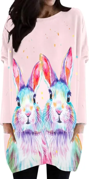MOUSYA Easter Tunic Tops Women Funny Bunny Print Long Sleeve T-Shirt Dress Plus Size Color Block Sweatshirt with Pockets