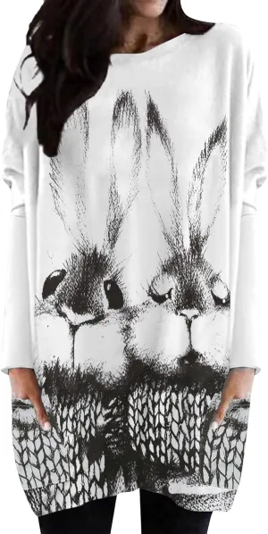 MOUSYA Easter Tunic Tops Women Funny Bunny Print Long Sleeve T-Shirt Dress Plus Size Color Block Sweatshirt with Pockets