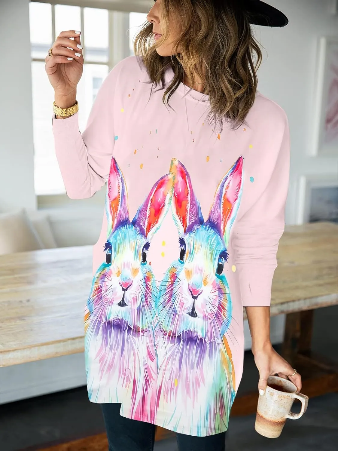 MOUSYA Easter Tunic Tops Women Funny Bunny Print Long Sleeve T-Shirt Dress Plus Size Color Block Sweatshirt with Pockets