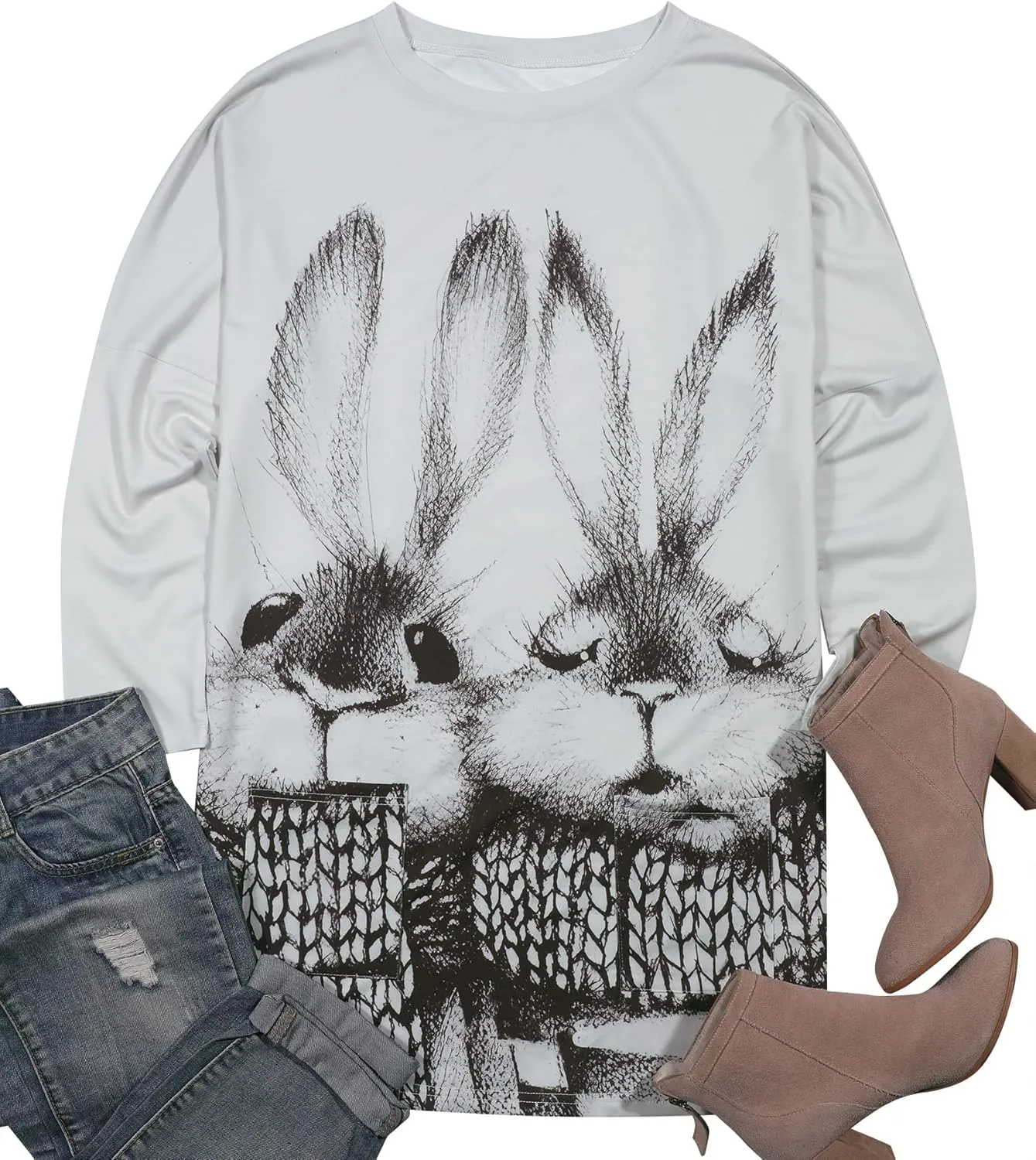 MOUSYA Easter Tunic Tops Women Funny Bunny Print Long Sleeve T-Shirt Dress Plus Size Color Block Sweatshirt with Pockets