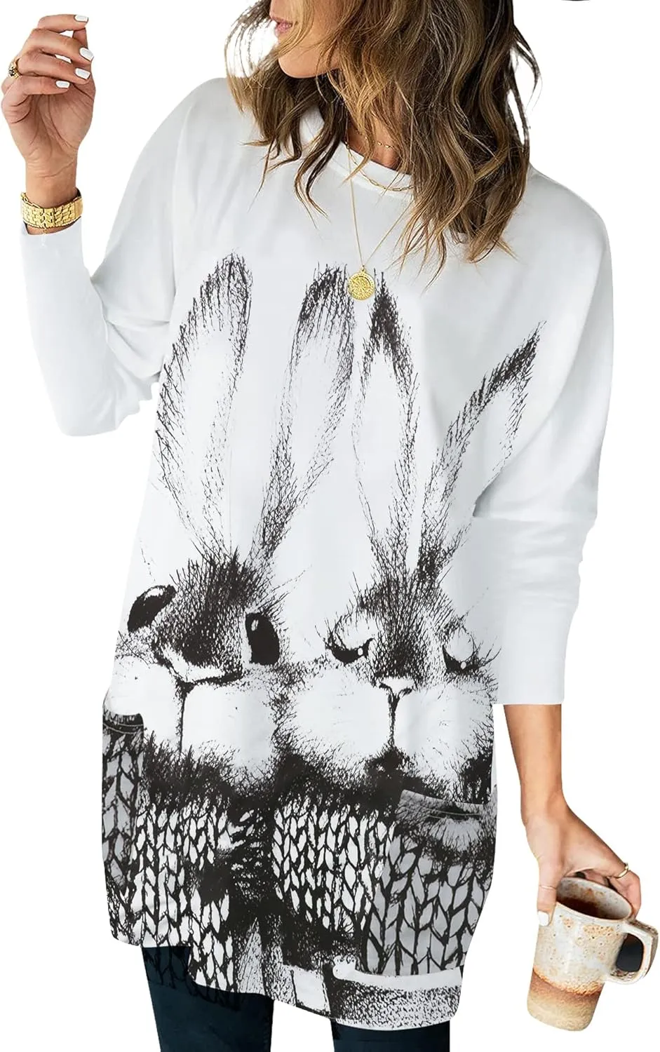 MOUSYA Easter Tunic Tops Women Funny Bunny Print Long Sleeve T-Shirt Dress Plus Size Color Block Sweatshirt with Pockets