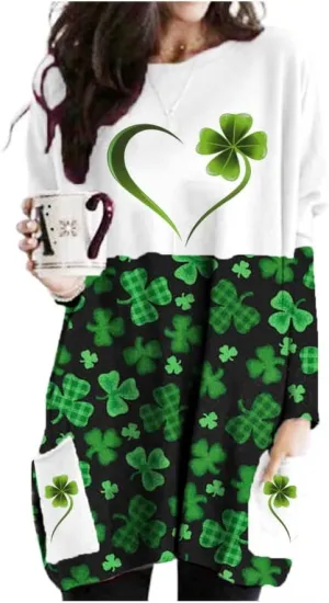 MOUSYA St Patrick's Day Dress Shirt Women Clover Heart Long Sleeve Tops Plus Size Color Block Sweatshirt with Pockets