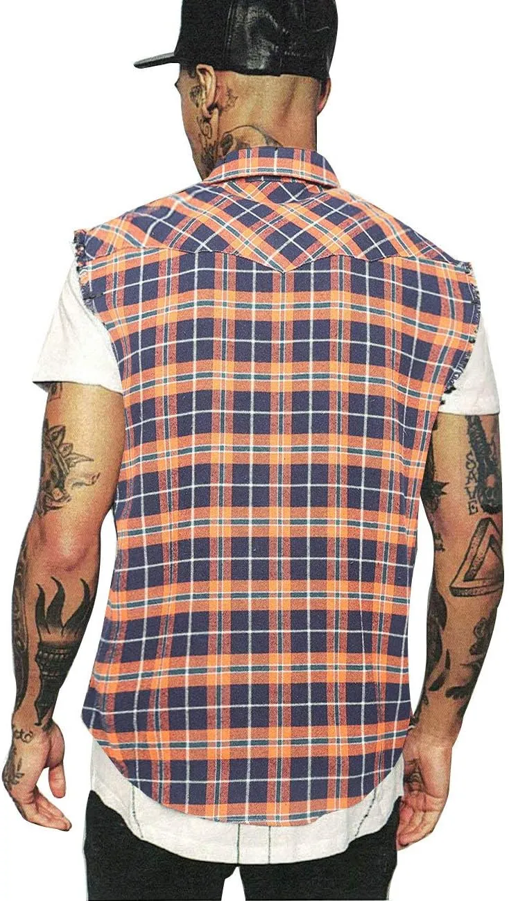 NUTEXROL Men's Casual Flannel Plaid Shirt Sleeveless Plus Size Vest