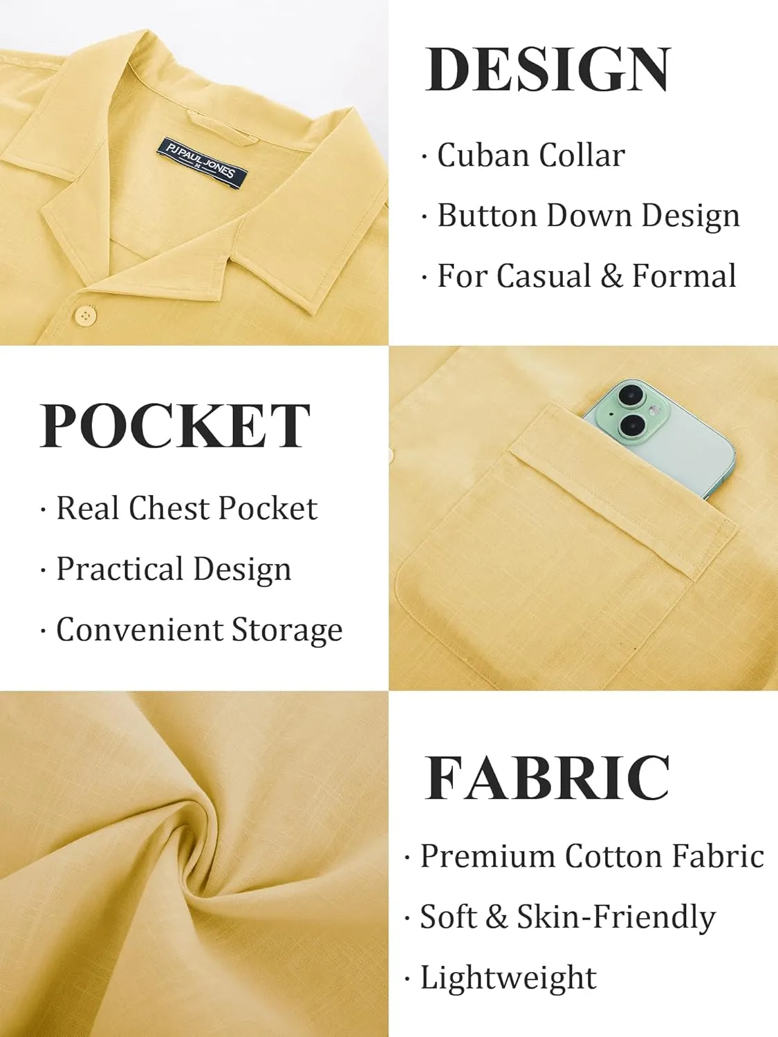 PJ PAUL JONES Mens Short Sleeve Button Down Shirts Untuckit Cuban Casual Shirt with Pocket for Summer Beach