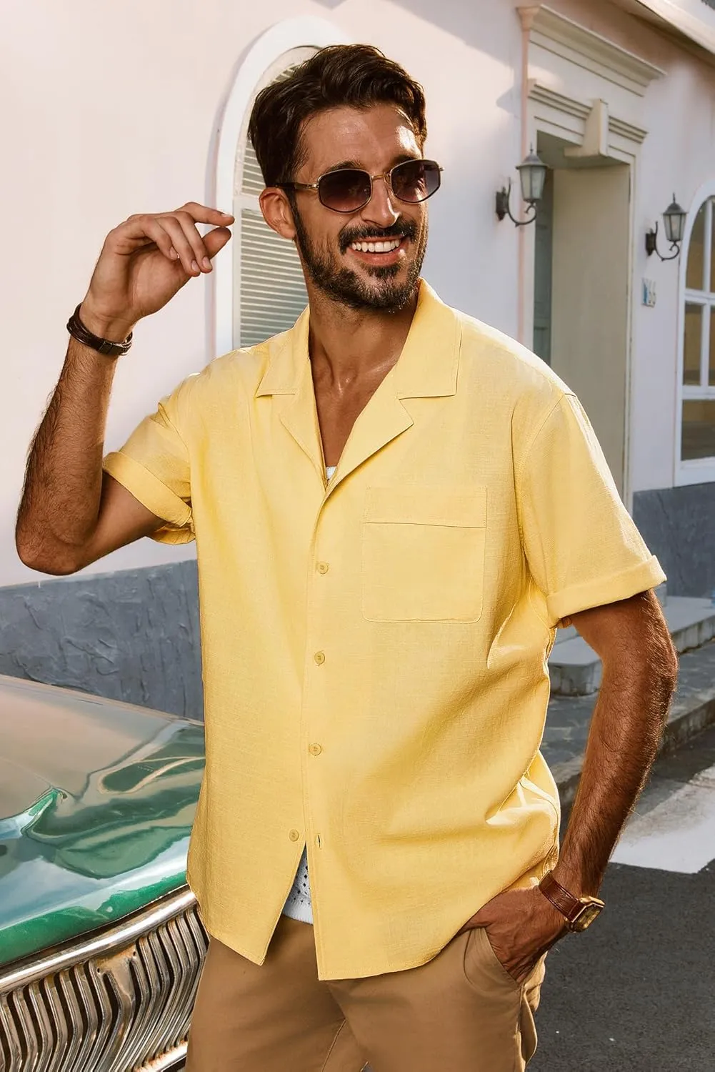 PJ PAUL JONES Mens Short Sleeve Button Down Shirts Untuckit Cuban Casual Shirt with Pocket for Summer Beach