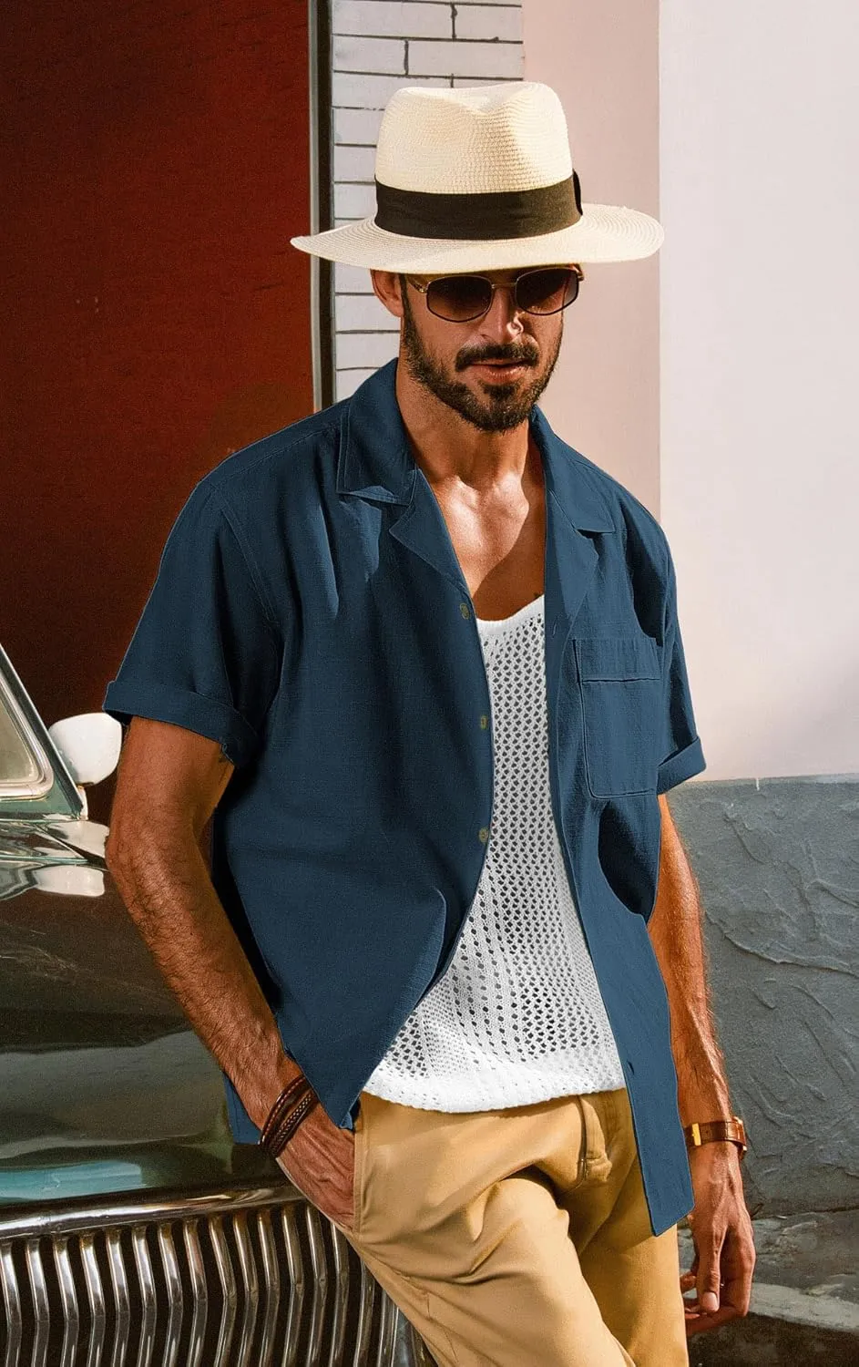 PJ PAUL JONES Mens Short Sleeve Button Down Shirts Untuckit Cuban Casual Shirt with Pocket for Summer Beach