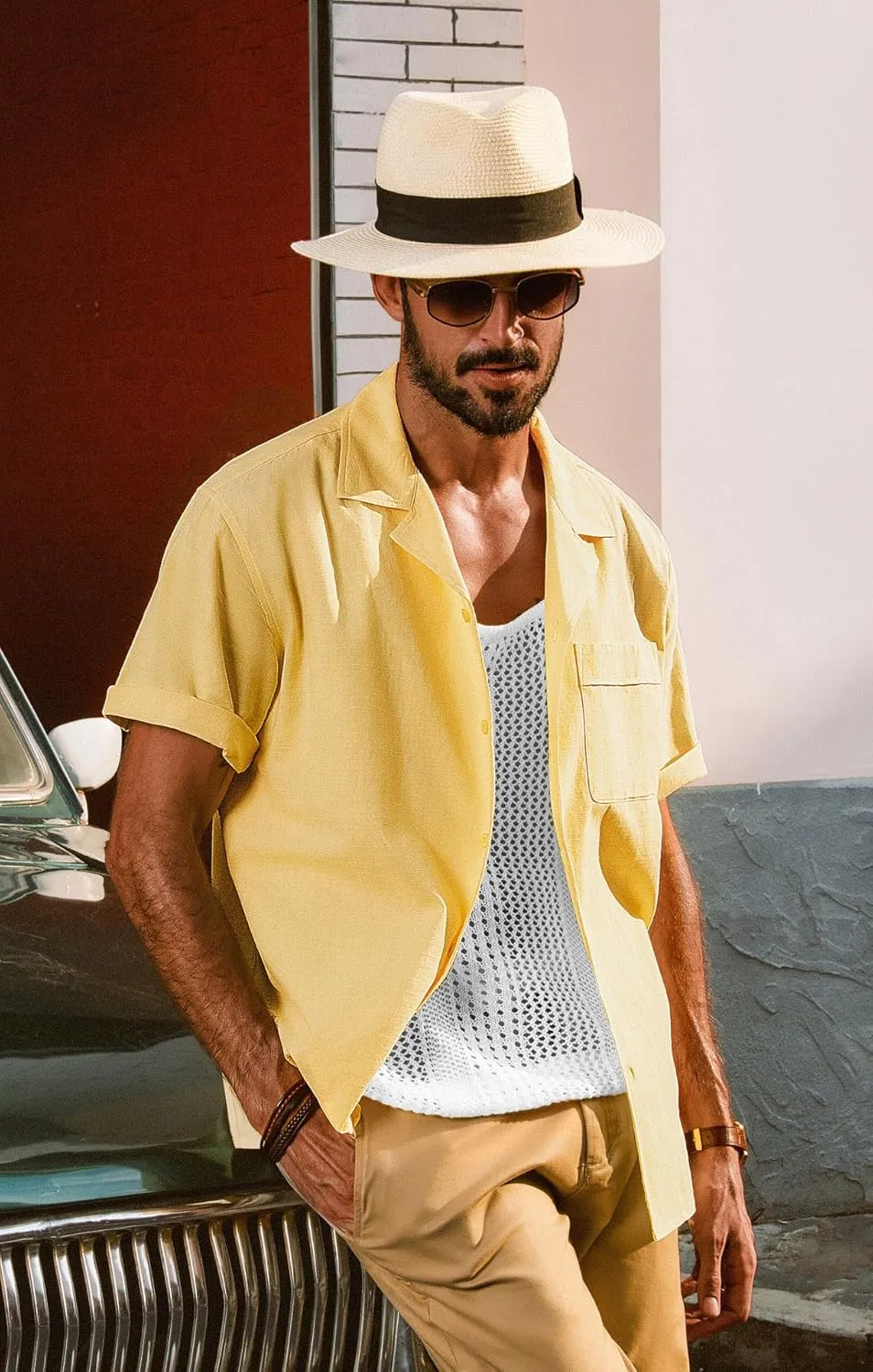 PJ PAUL JONES Mens Short Sleeve Button Down Shirts Untuckit Cuban Casual Shirt with Pocket for Summer Beach