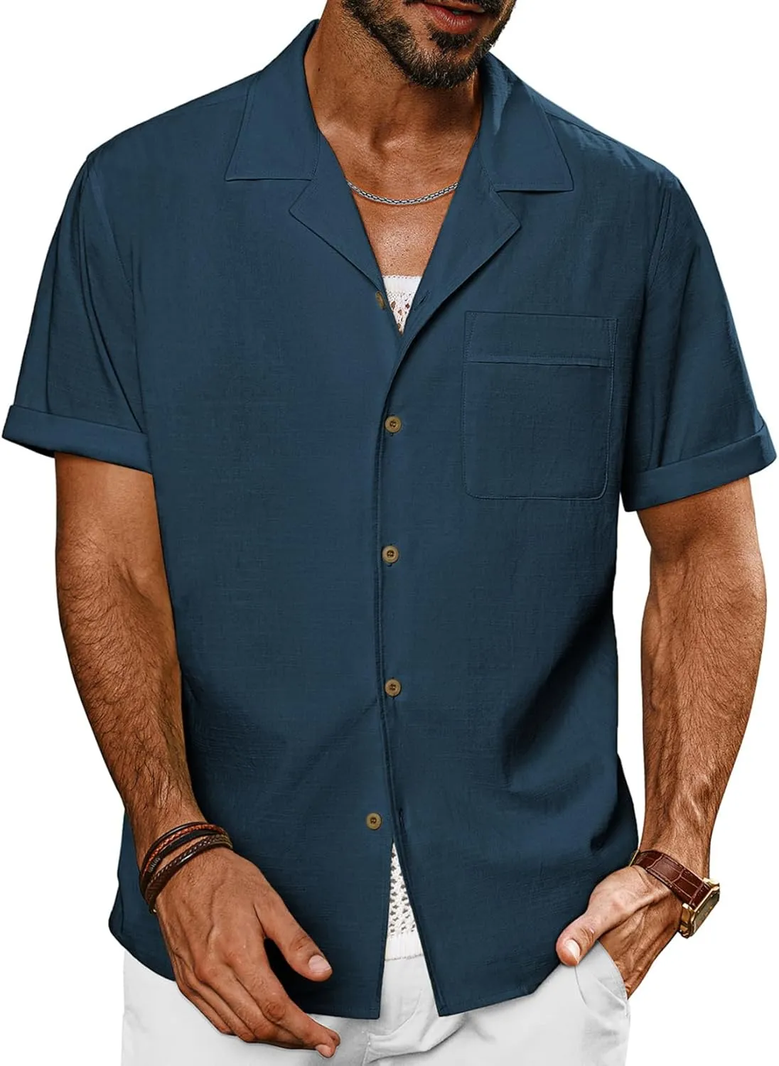 PJ PAUL JONES Mens Short Sleeve Button Down Shirts Untuckit Cuban Casual Shirt with Pocket for Summer Beach