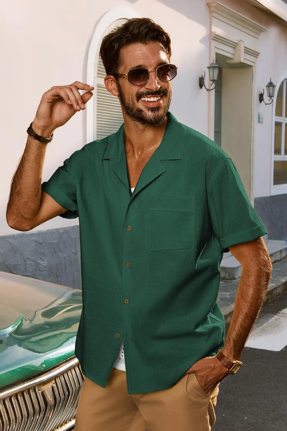 PJ PAUL JONES Mens Short Sleeve Button Down Shirts Untuckit Cuban Casual Shirt with Pocket for Summer Beach