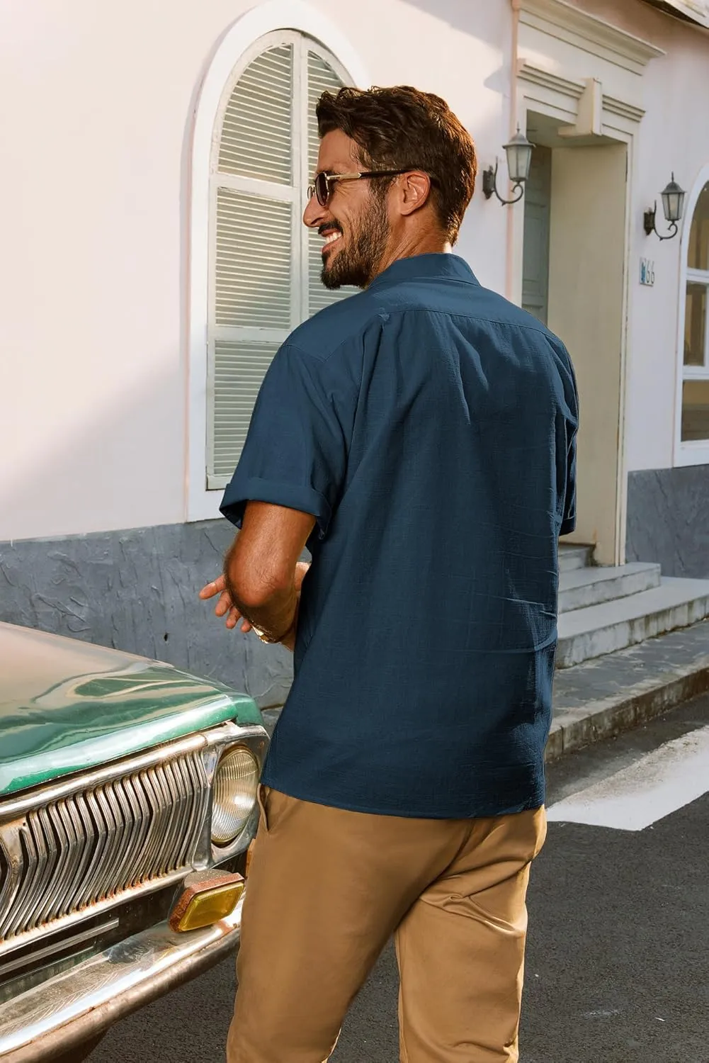 PJ PAUL JONES Mens Short Sleeve Button Down Shirts Untuckit Cuban Casual Shirt with Pocket for Summer Beach