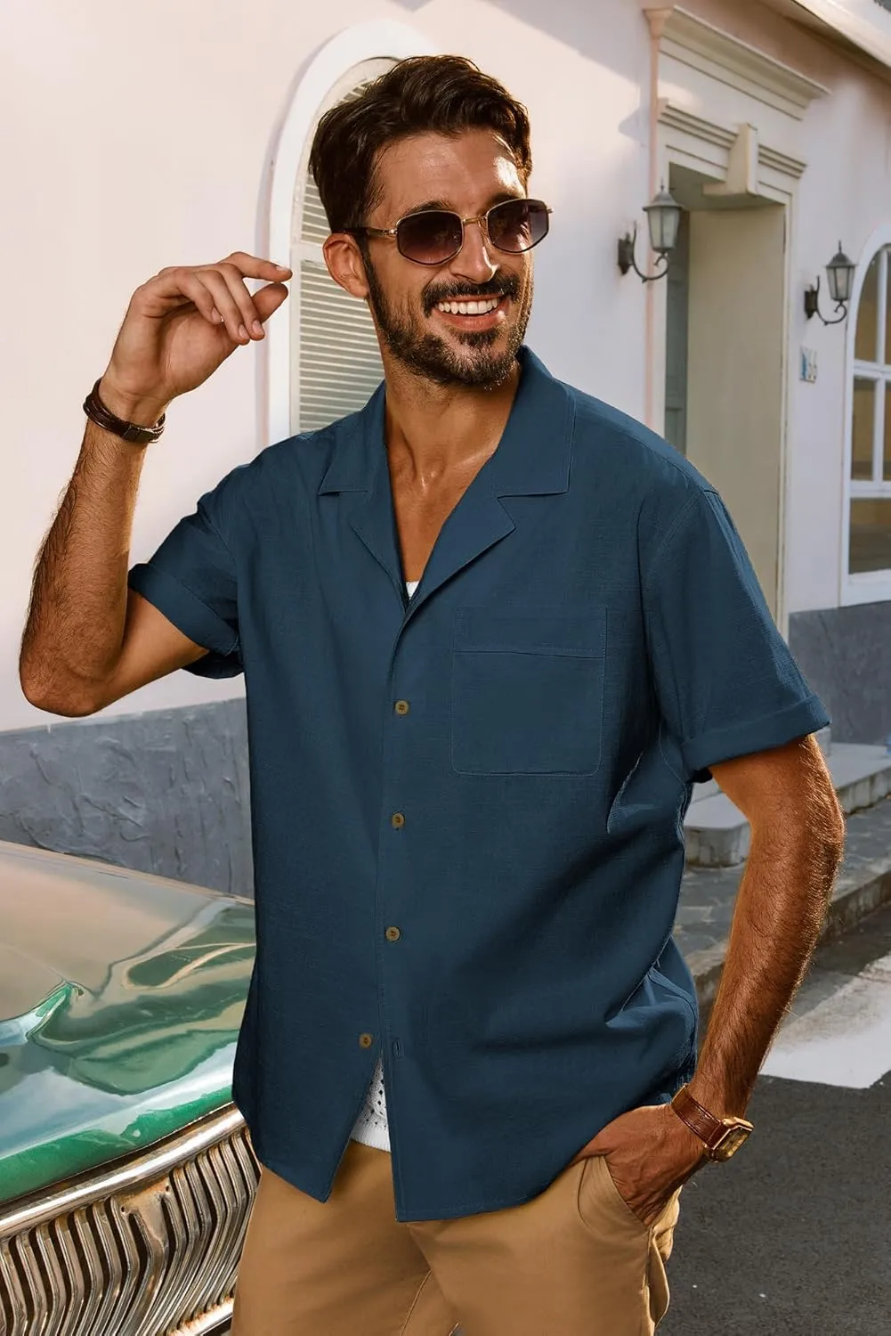 PJ PAUL JONES Mens Short Sleeve Button Down Shirts Untuckit Cuban Casual Shirt with Pocket for Summer Beach