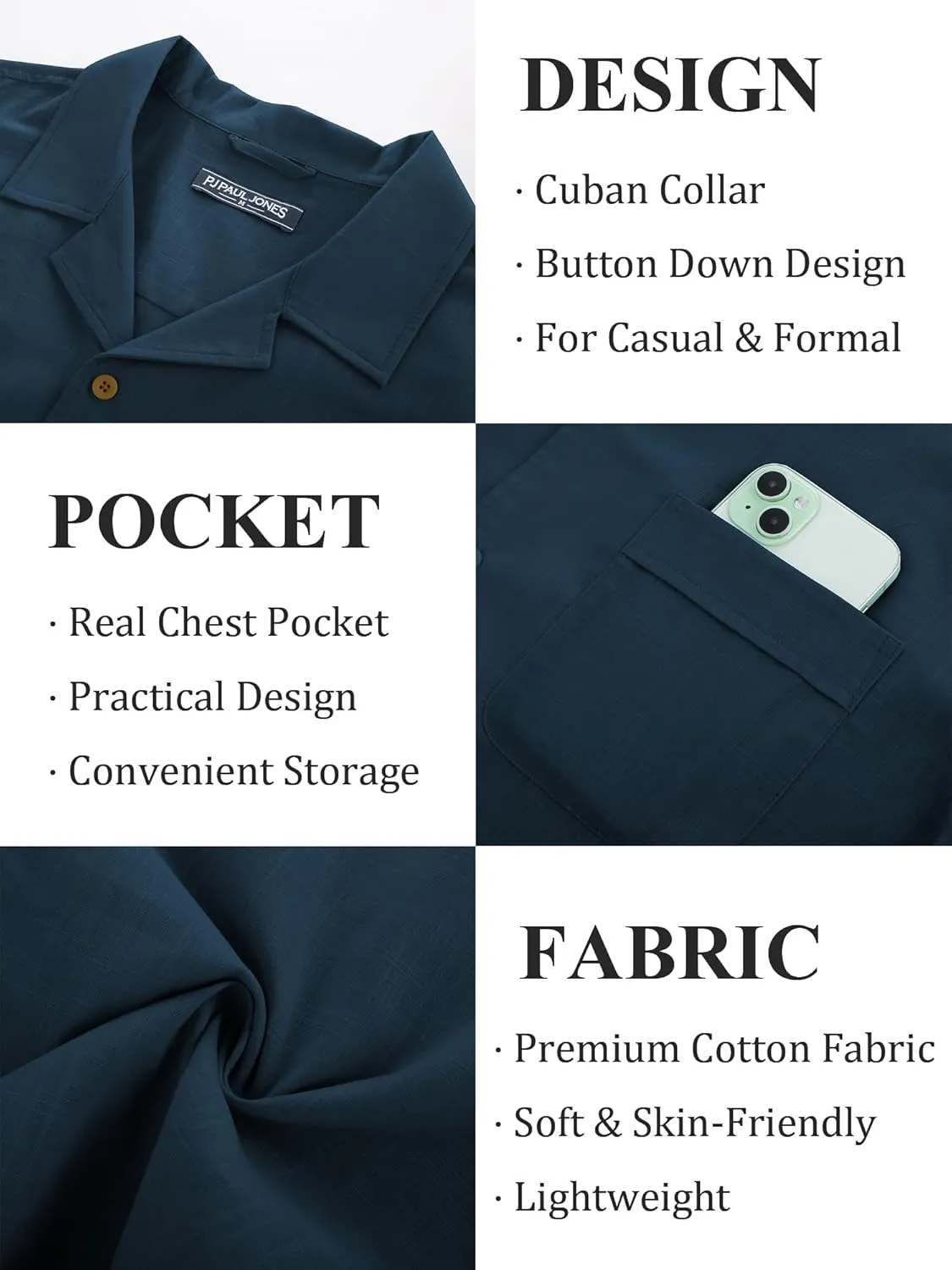 PJ PAUL JONES Mens Short Sleeve Button Down Shirts Untuckit Cuban Casual Shirt with Pocket for Summer Beach