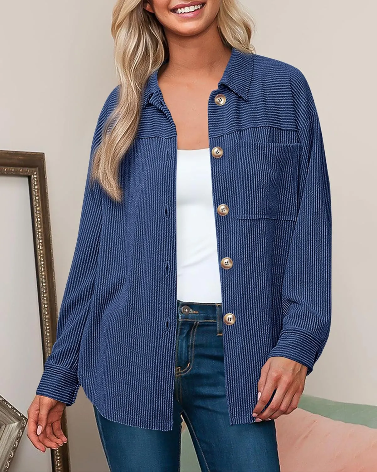 PRETTYGARDEN Women's Tops Casual Button Down Shirts Spring Fashion Long Sleeve Shacket Jacket Loose Texture Knit Blouses