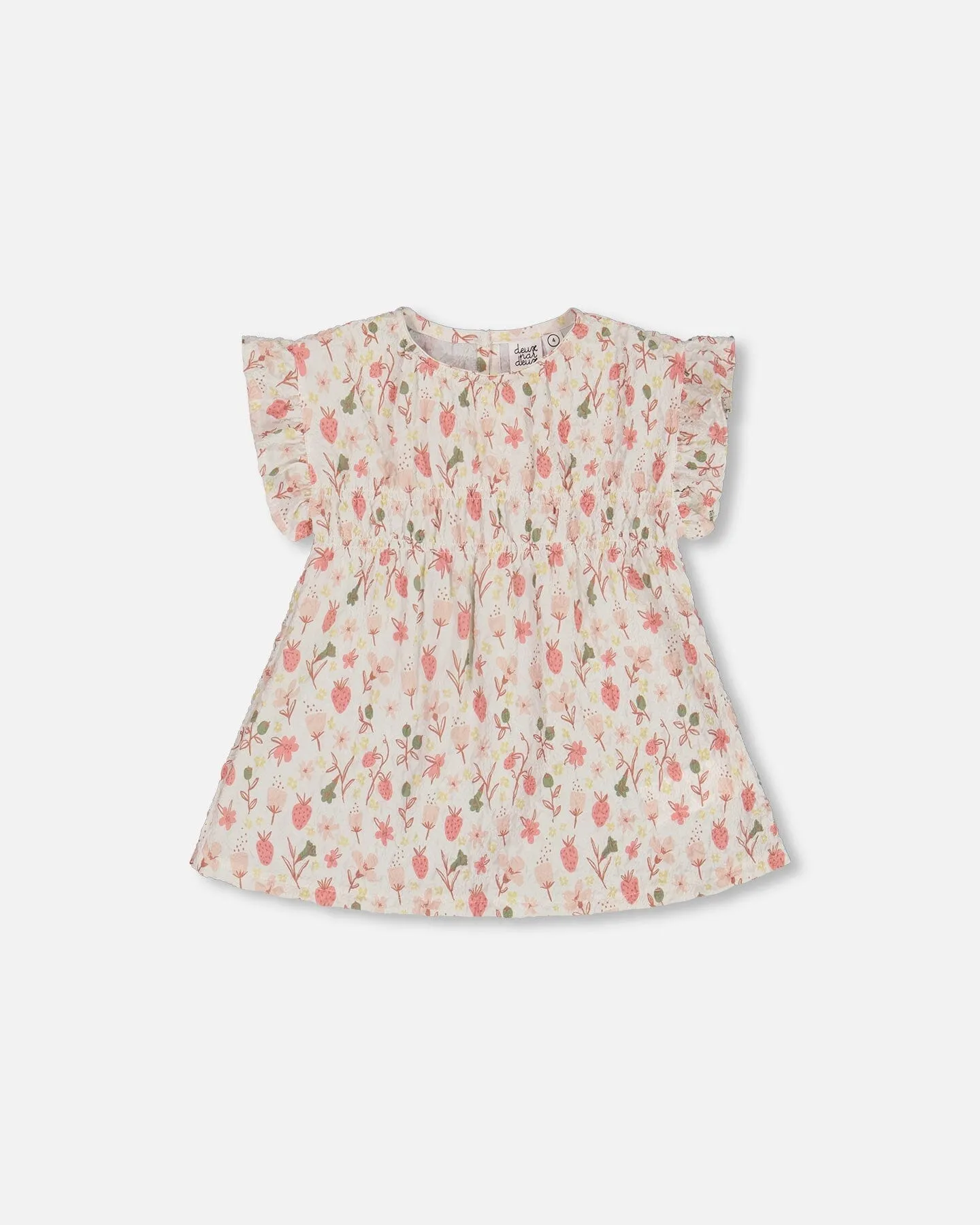 Printed Seersucker Blouse With Frills Pink Flowers On Cream Background