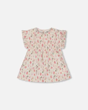 Printed Seersucker Blouse With Frills Pink Flowers On Cream Background
