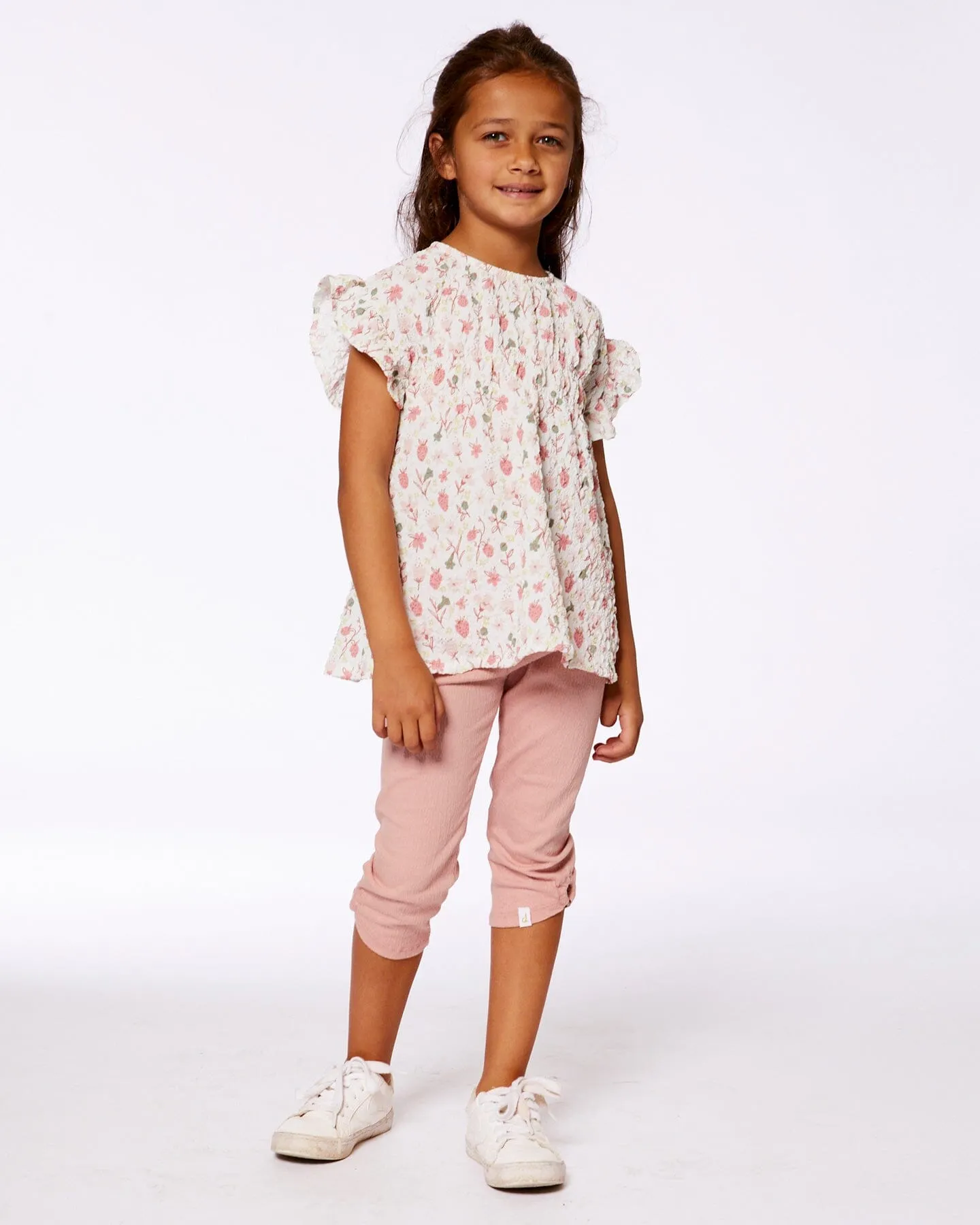 Printed Seersucker Blouse With Frills Pink Flowers On Cream Background