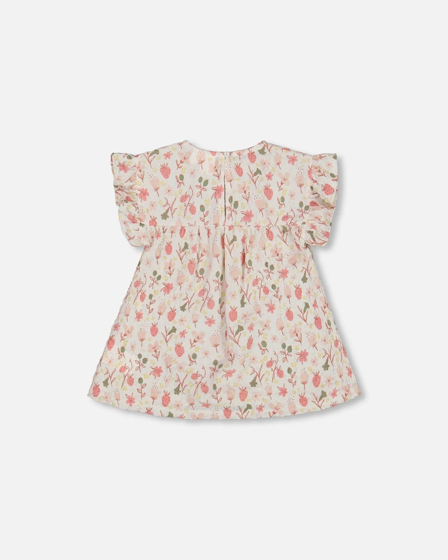 Printed Seersucker Blouse With Frills Pink Flowers On Cream Background