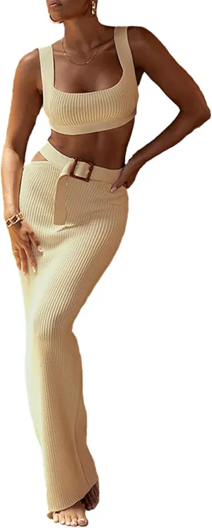 Ptorlio Women's Summer 2 Piece Sexy Square Neck Sleeveless Tank Crop Top Bodycon Maxi Skirt Set
