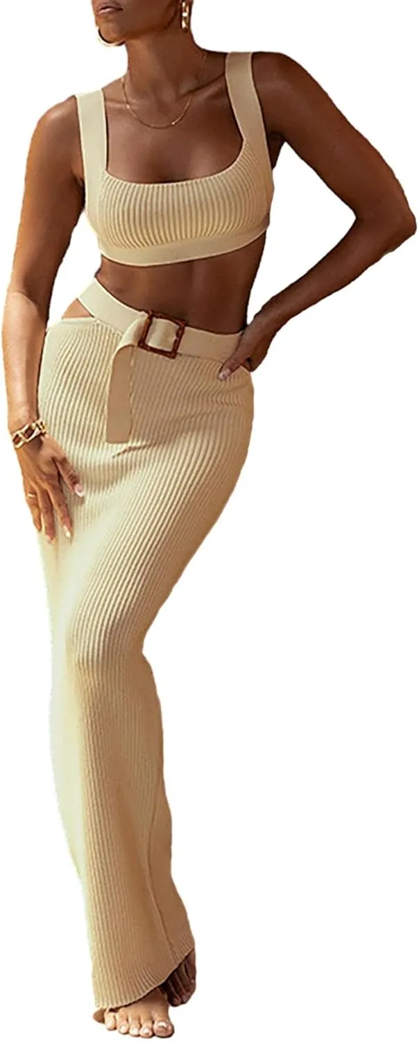 Ptorlio Women's Summer 2 Piece Sexy Square Neck Sleeveless Tank Crop Top Bodycon Maxi Skirt Set