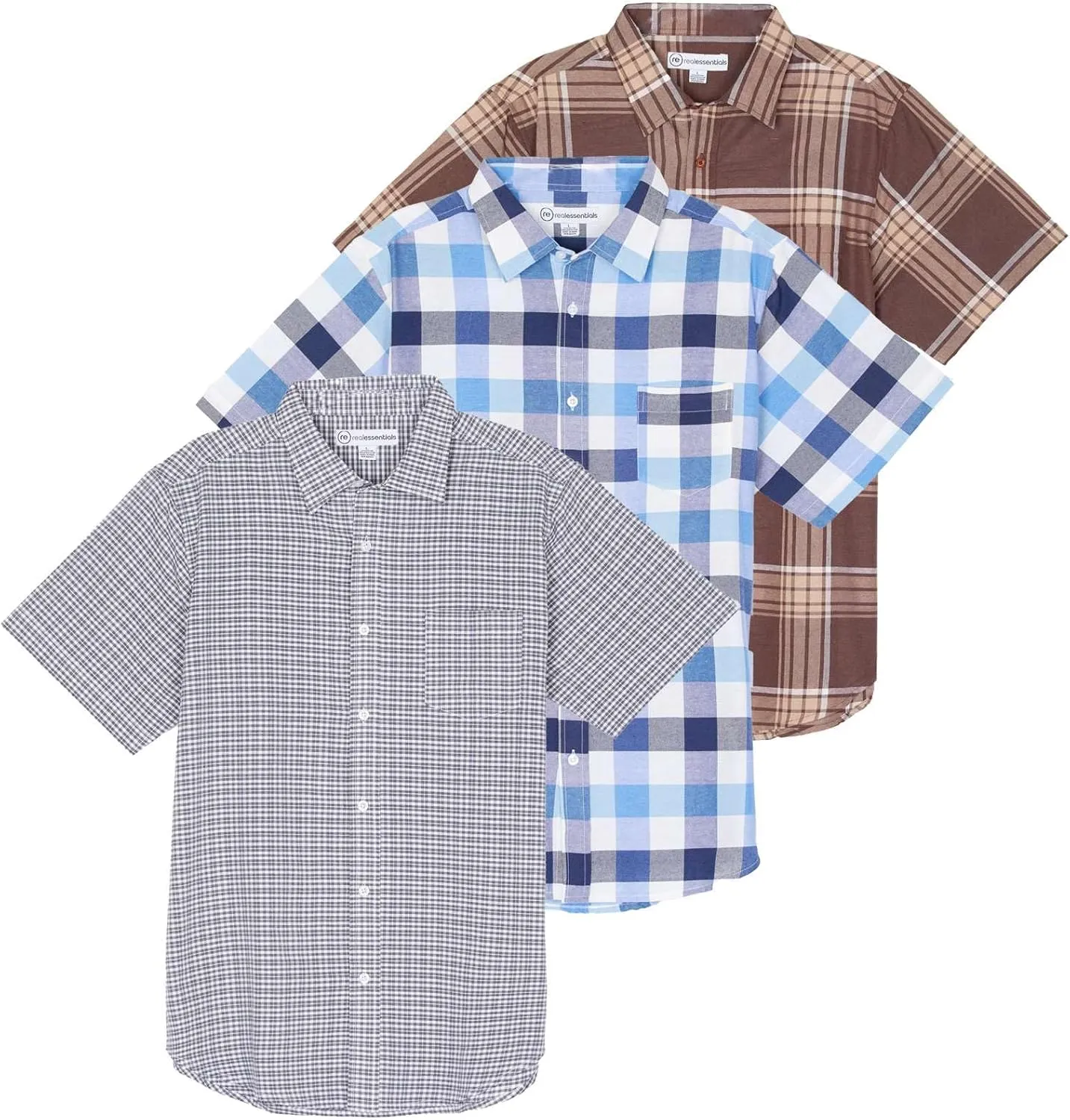 Real Essentials 3 Pack: Men's Regular-Fit Short Sleeve Woven Button Down Shirt with Pocket (Available in Big & Tall)