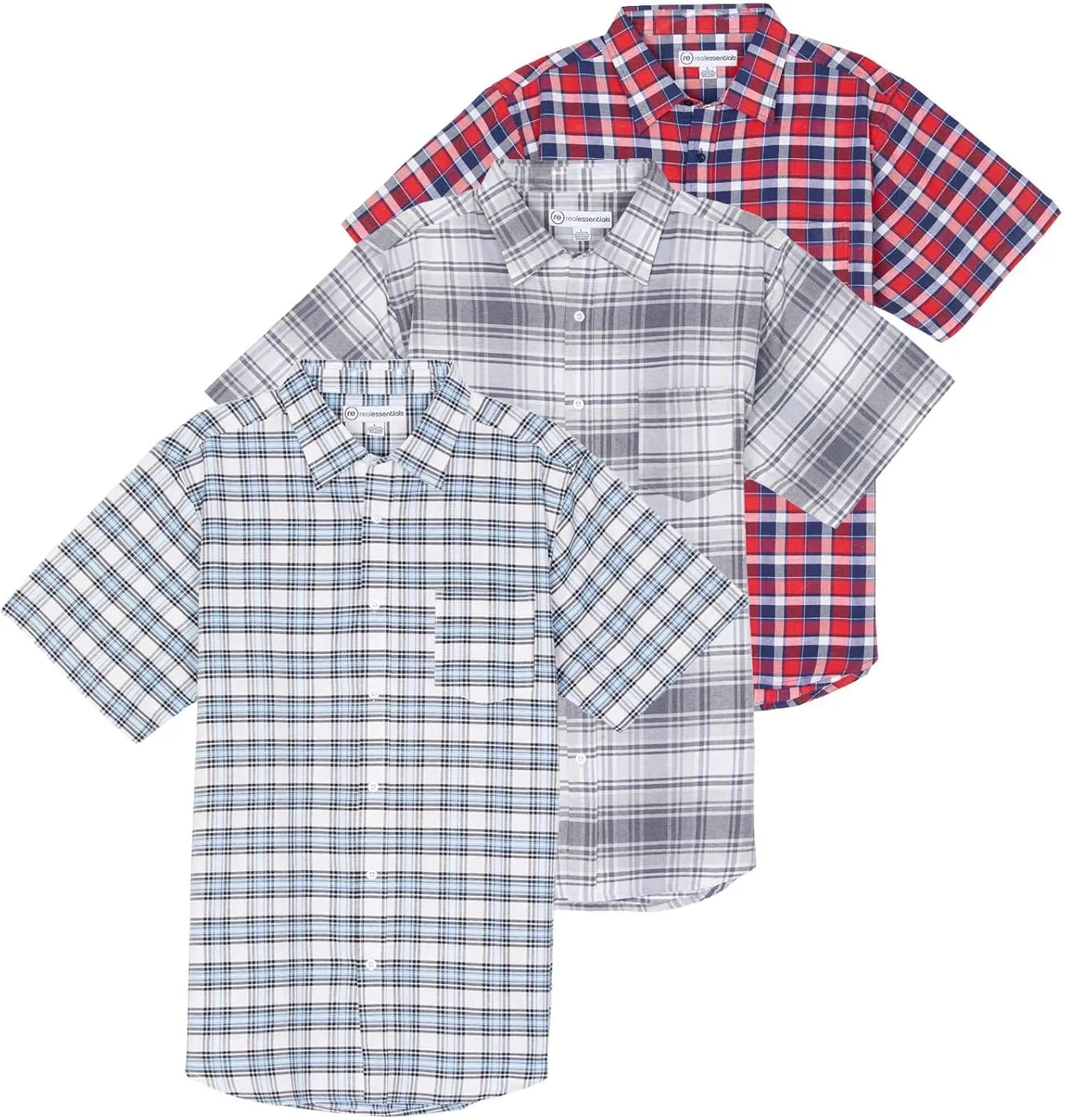 Real Essentials 3 Pack: Men's Regular-Fit Short Sleeve Woven Button Down Shirt with Pocket (Available in Big & Tall)
