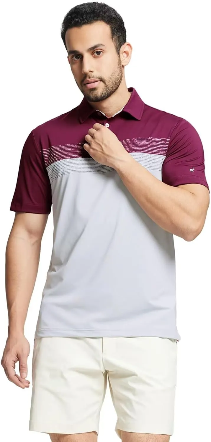 Rouen Polo Shirts for Men Quick Dry Regular Fit Casual Color Block Chest Print Active Short Sleeve Collared Mens Golf Shirt