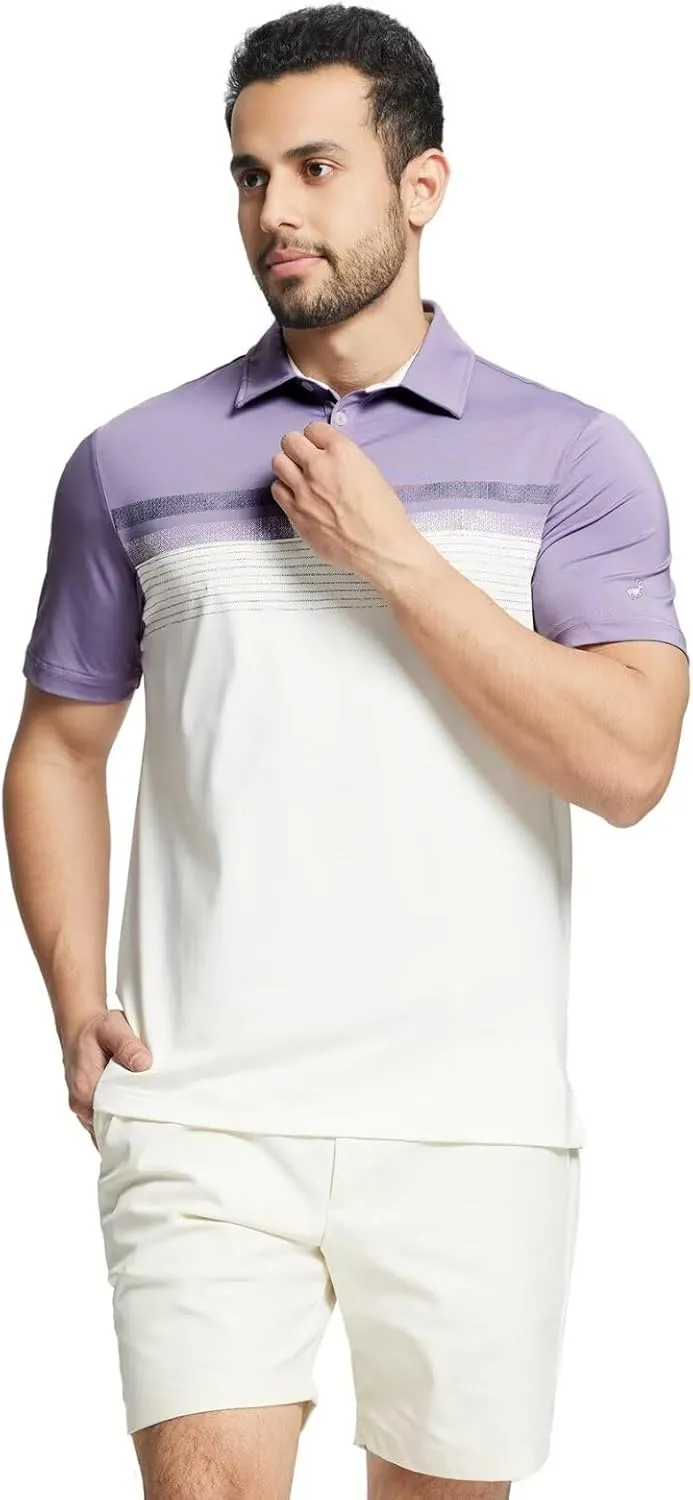 Rouen Polo Shirts for Men Quick Dry Regular Fit Casual Color Block Chest Print Active Short Sleeve Collared Mens Golf Shirt