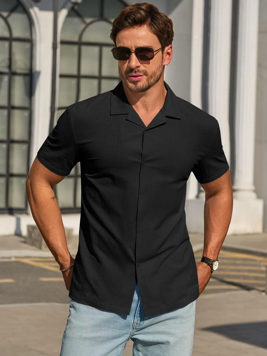 Runcati Mens Button Down Cotton Shirt Short Sleeve Casual Linen Untucked Shirts Summer Beach Vacation Tops
