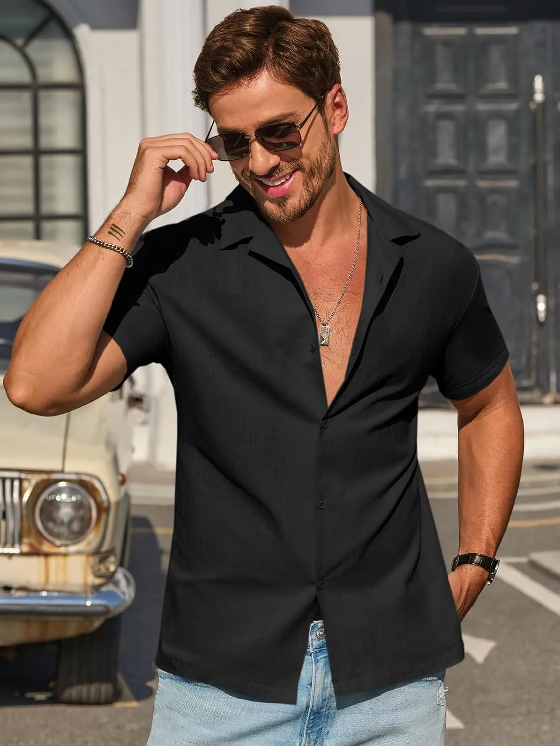 Runcati Mens Button Down Cotton Shirt Short Sleeve Casual Linen Untucked Shirts Summer Beach Vacation Tops