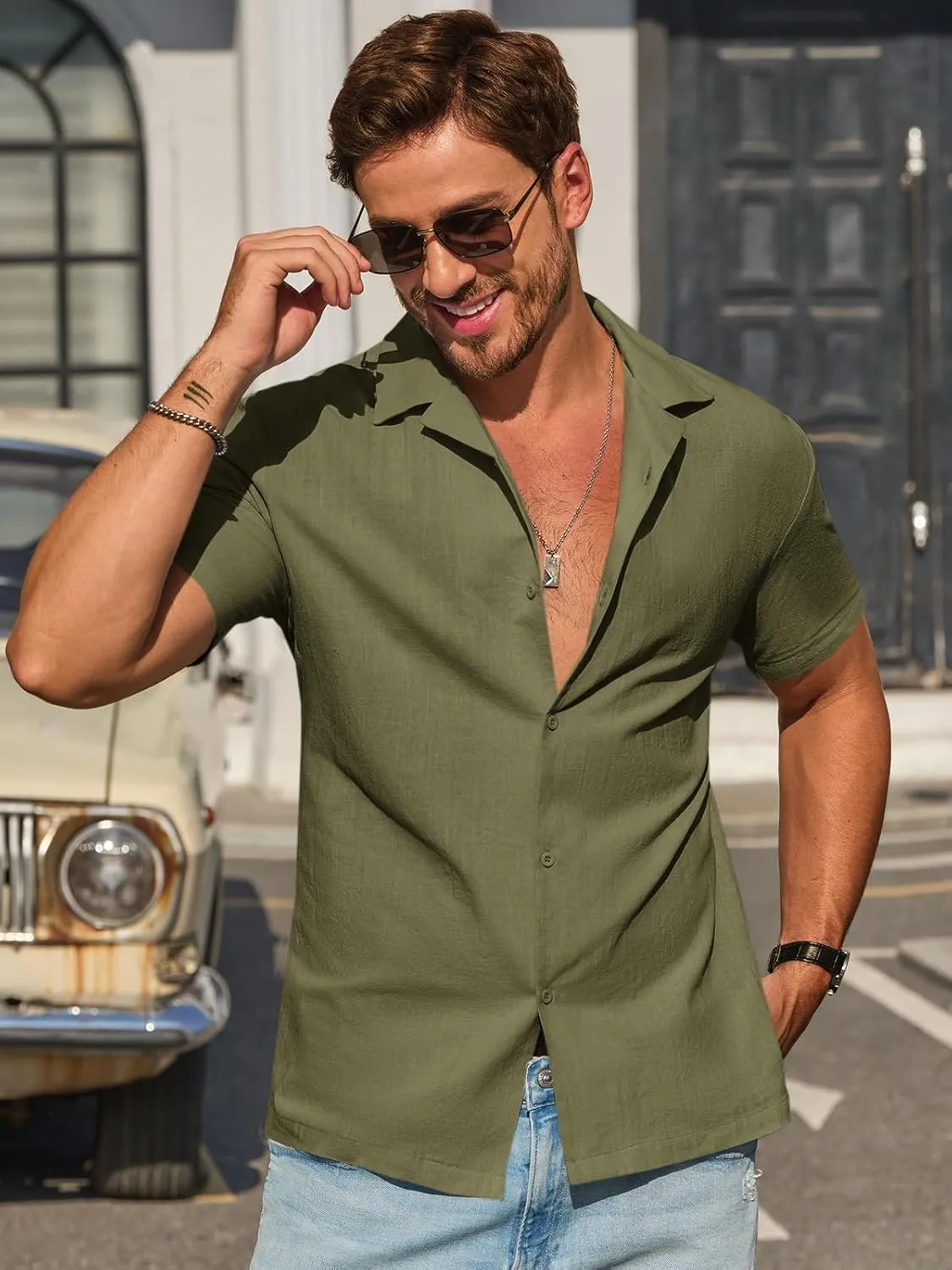 Runcati Mens Button Down Cotton Shirt Short Sleeve Casual Linen Untucked Shirts Summer Beach Vacation Tops