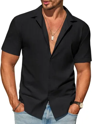 Runcati Mens Button Down Cotton Shirt Short Sleeve Casual Linen Untucked Shirts Summer Beach Vacation Tops