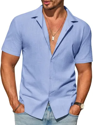 Runcati Mens Button Down Cotton Shirt Short Sleeve Casual Linen Untucked Shirts Summer Beach Vacation Tops