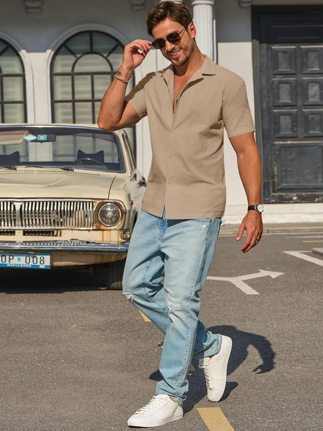 Runcati Mens Button Down Cotton Shirt Short Sleeve Casual Linen Untucked Shirts Summer Beach Vacation Tops