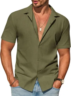 Runcati Mens Button Down Cotton Shirt Short Sleeve Casual Linen Untucked Shirts Summer Beach Vacation Tops