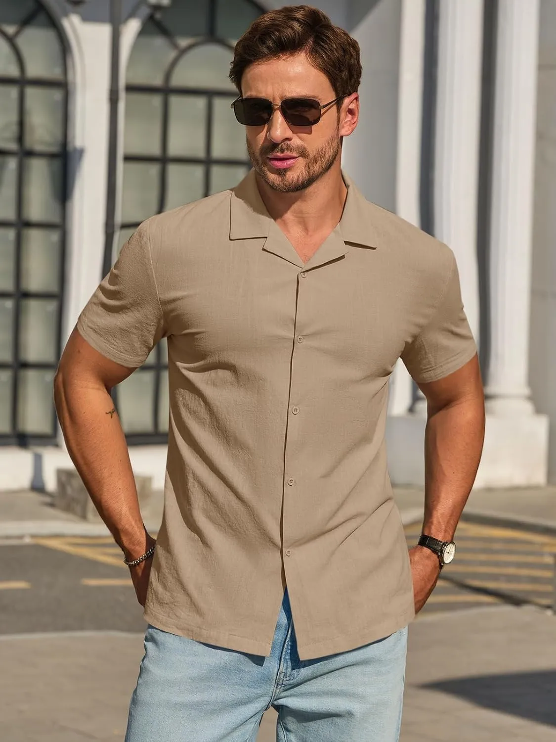 Runcati Mens Button Down Cotton Shirt Short Sleeve Casual Linen Untucked Shirts Summer Beach Vacation Tops