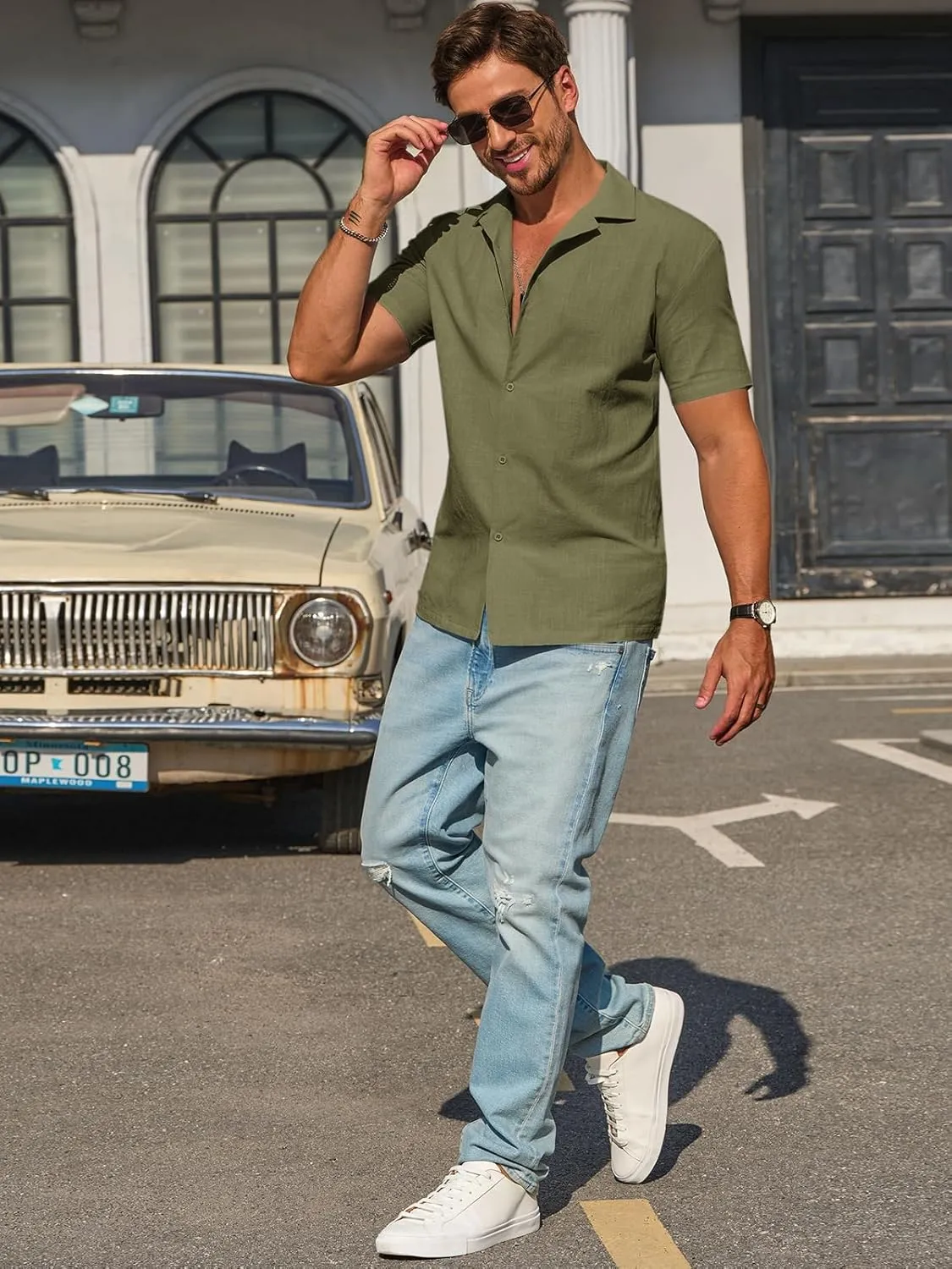 Runcati Mens Button Down Cotton Shirt Short Sleeve Casual Linen Untucked Shirts Summer Beach Vacation Tops