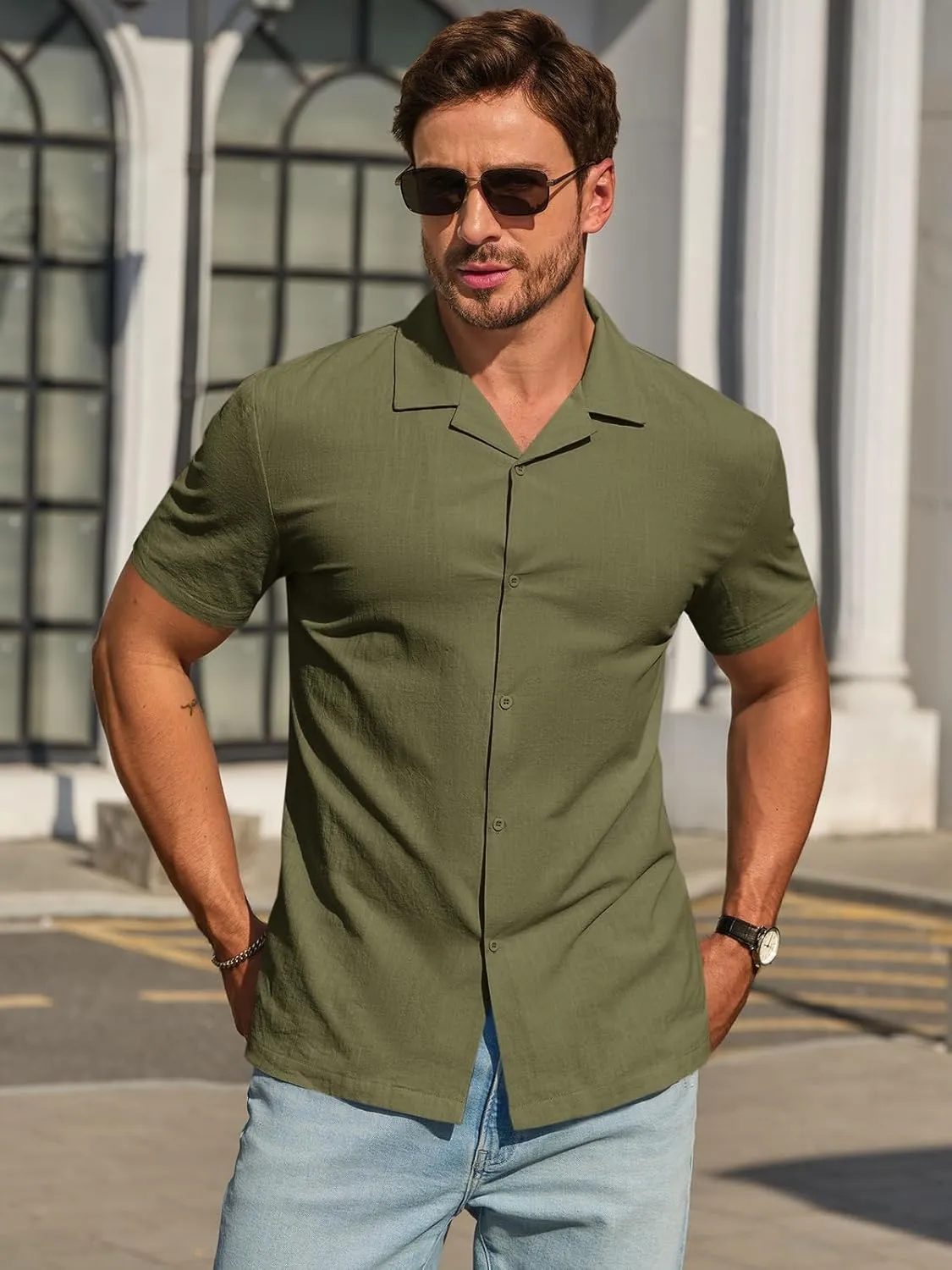 Runcati Mens Button Down Cotton Shirt Short Sleeve Casual Linen Untucked Shirts Summer Beach Vacation Tops