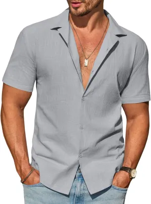 Runcati Mens Button Down Cotton Shirt Short Sleeve Casual Linen Untucked Shirts Summer Beach Vacation Tops