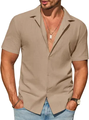 Runcati Mens Button Down Cotton Shirt Short Sleeve Casual Linen Untucked Shirts Summer Beach Vacation Tops