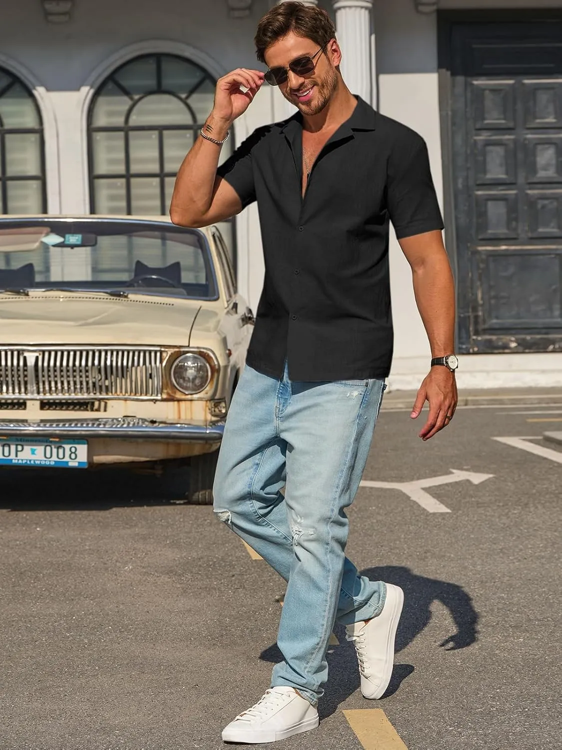 Runcati Mens Button Down Cotton Shirt Short Sleeve Casual Linen Untucked Shirts Summer Beach Vacation Tops