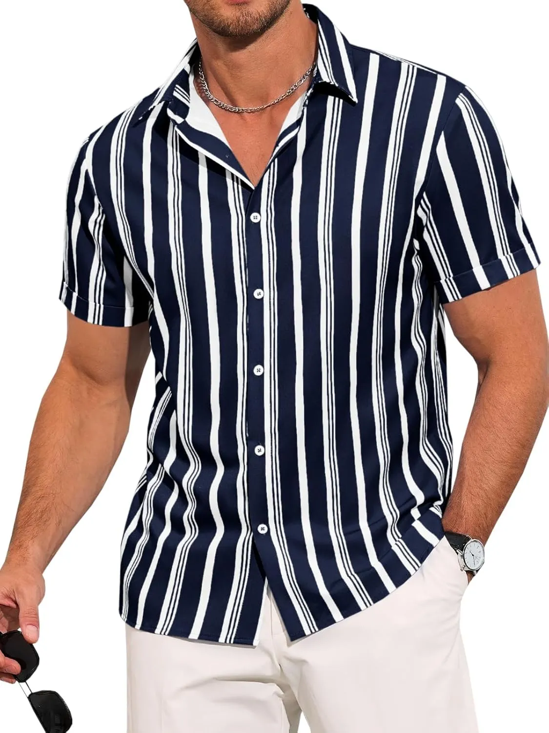 Runcati Mens Casual Striped Shirts Button Down Short Sleeve Summer Hawaiian Shirt Hippie Beach Vacation Tops
