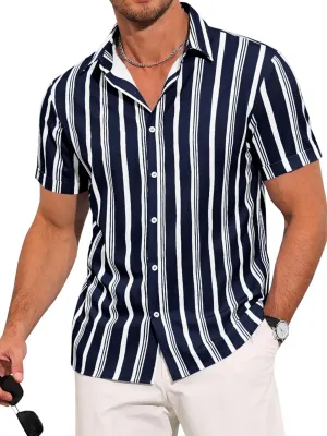 Runcati Mens Casual Striped Shirts Button Down Short Sleeve Summer Hawaiian Shirt Hippie Beach Vacation Tops