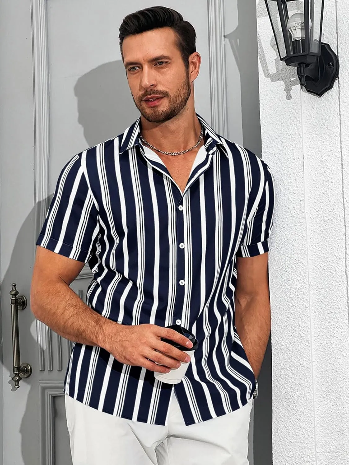 Runcati Mens Casual Striped Shirts Button Down Short Sleeve Summer Hawaiian Shirt Hippie Beach Vacation Tops