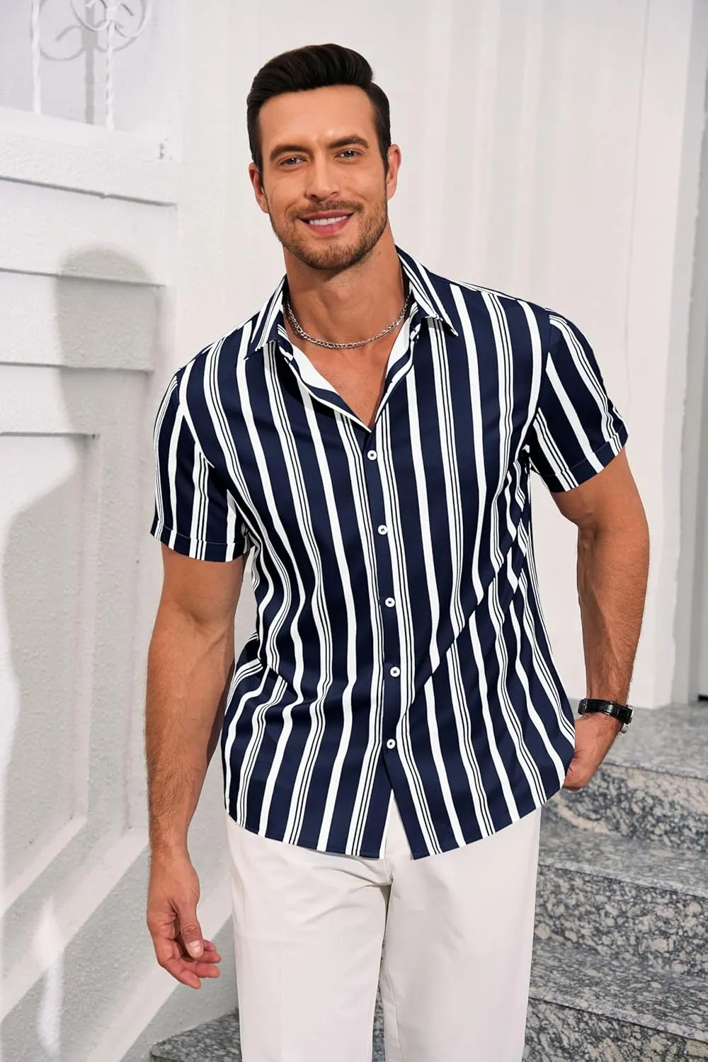 Runcati Mens Casual Striped Shirts Button Down Short Sleeve Summer Hawaiian Shirt Hippie Beach Vacation Tops