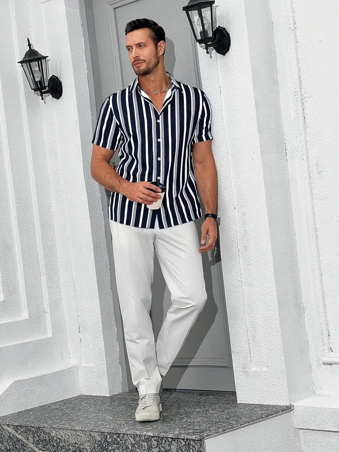 Runcati Mens Casual Striped Shirts Button Down Short Sleeve Summer Hawaiian Shirt Hippie Beach Vacation Tops